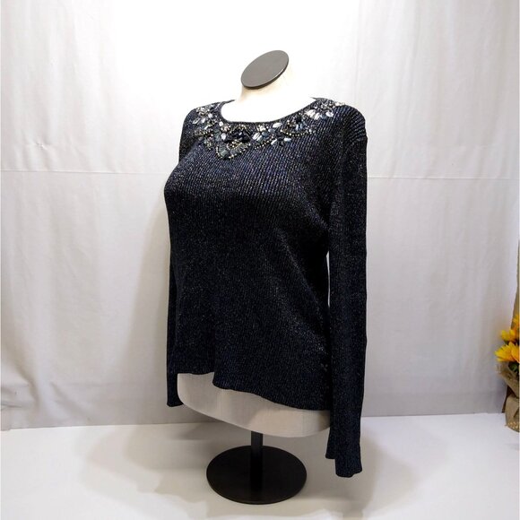 Lauren Mitchell Women's XL Black Metallic Long Sleeve Pullover Beaded Neckline - Picture 2 of 8